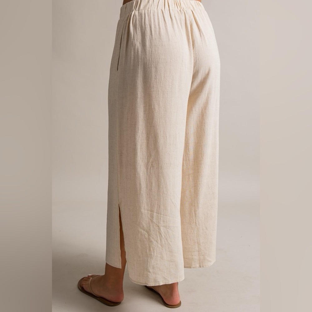 Cable & Gauge Wide Leg Linen-Blend Split Hem Pants – Beige 🌿
